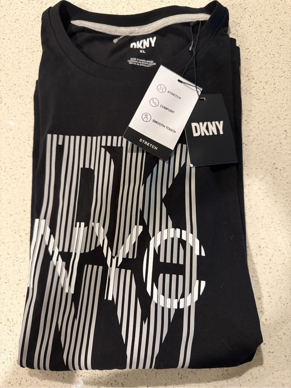 DKNY Black Short-Sleeve Logo Tee with White Striped Print
